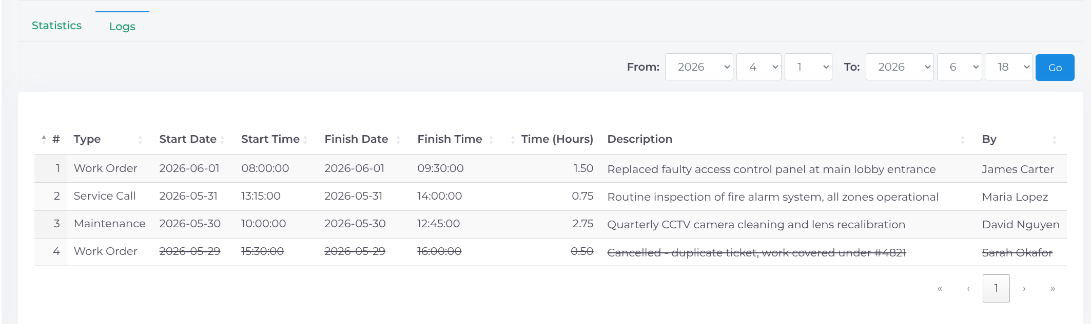 Work Orders Dashboard Logs